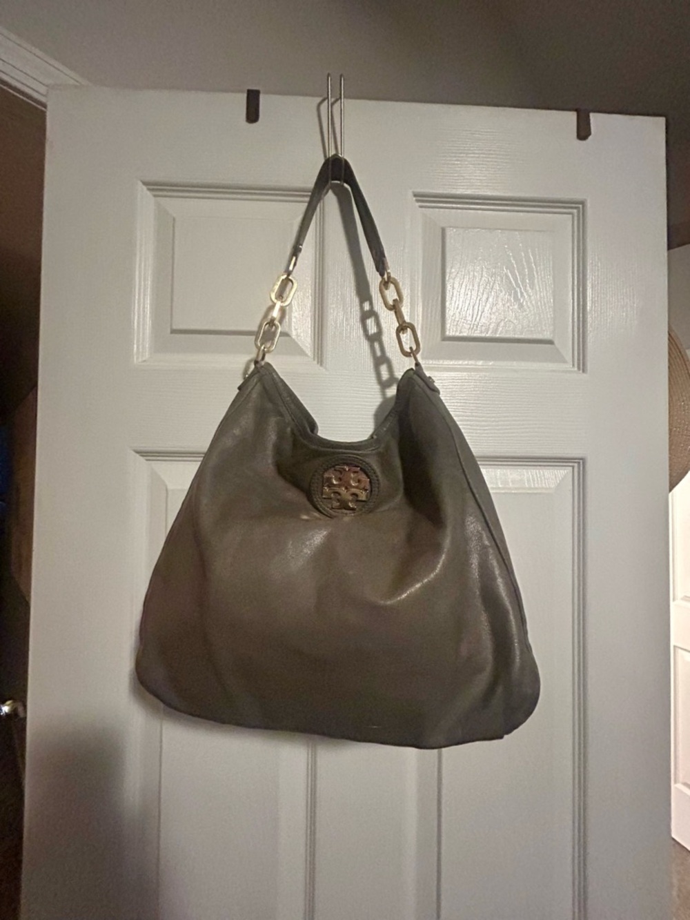 Tory Burch grey Leather Shoulder Hobo with Gold Chain Links